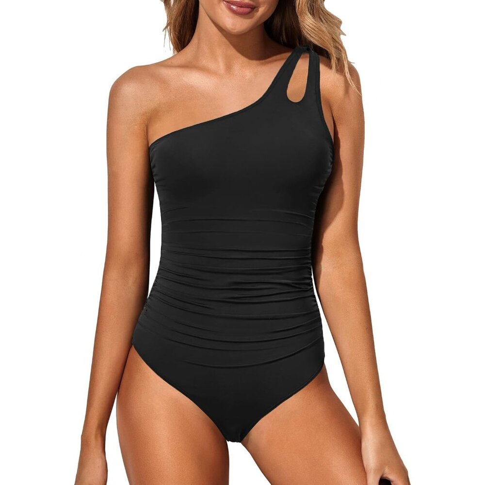 One Shoulder One Piece Swimsuit for Women Tummy Control Bathing Suits Modest Ful